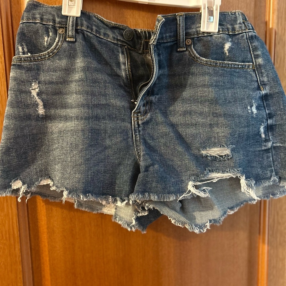Aerie Blue Distressed Jean Shorts with Frayed Hem